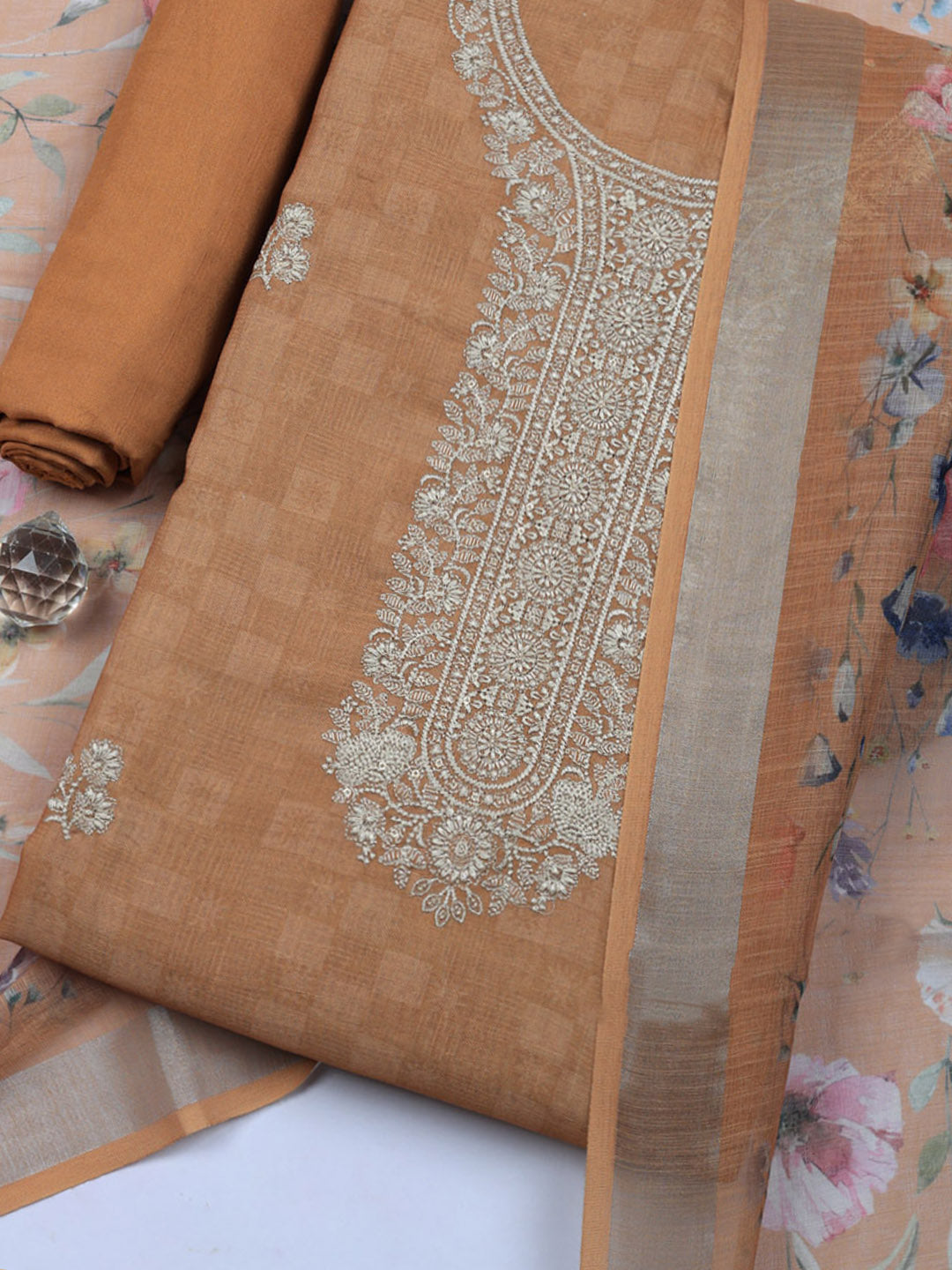 Embroidered Linen Blend Unstitched Suit With Pant &amp; Dupatta
