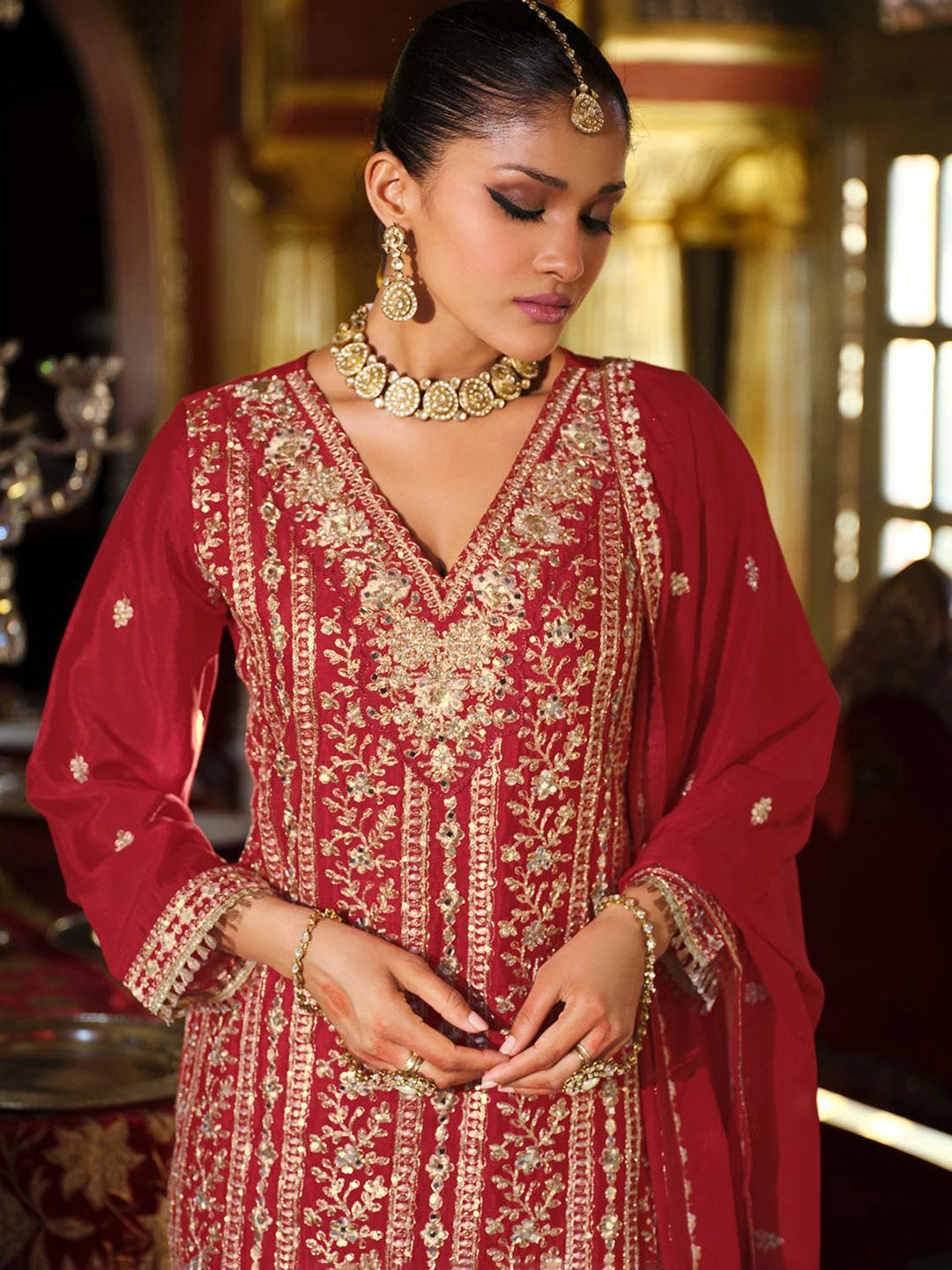 Embroidered Chinon Kurta With Plazzo &amp; Dupatta