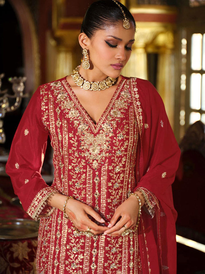 Embroidered Chinon Kurta With Plazzo &amp; Dupatta