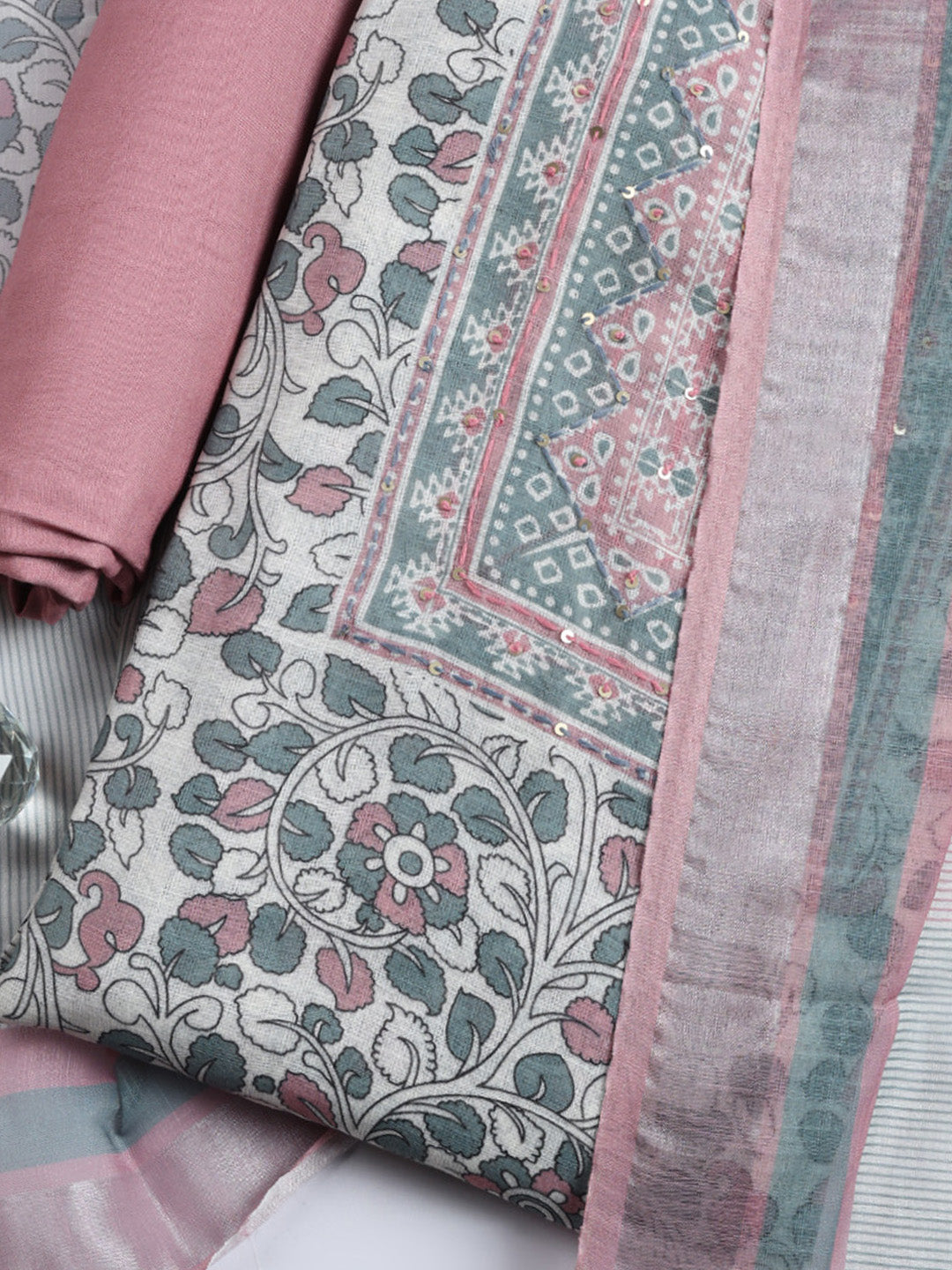 Printed Linen Blend Unstitched Suit With Pant &amp; Dupatta