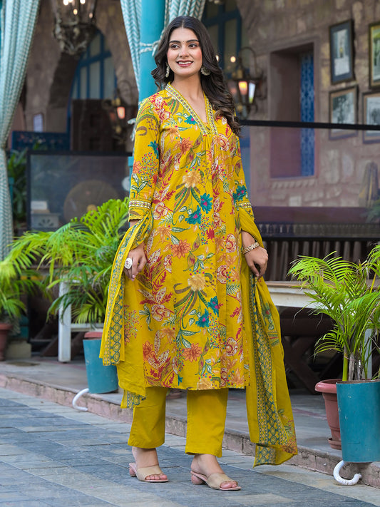 Digital Printed Cotton Blend Kurta With Pants & Dupatta