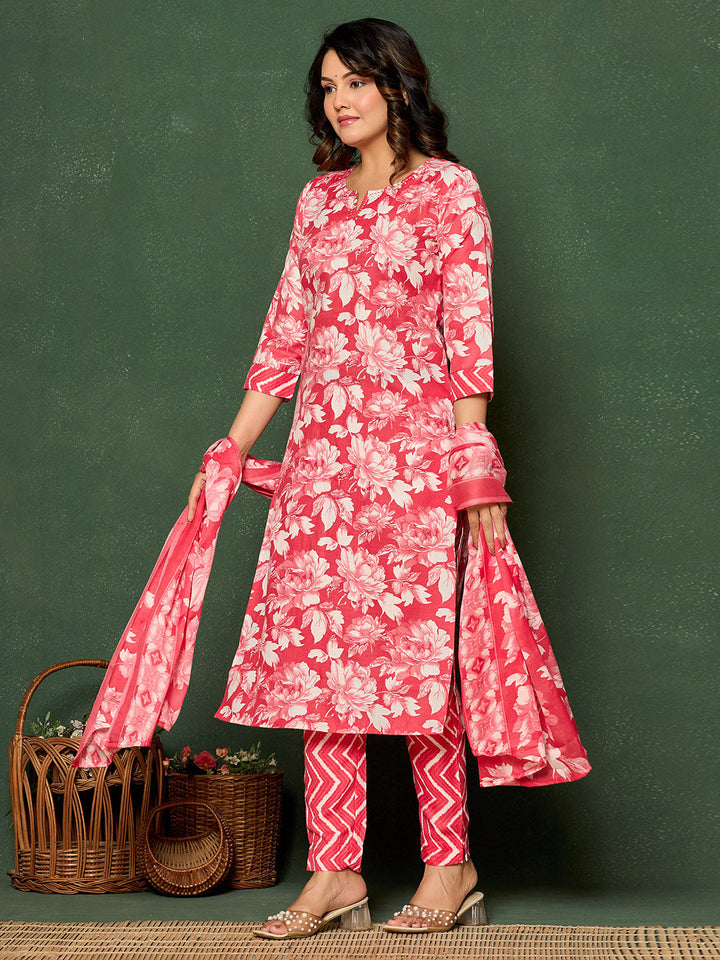 Printed Cotton Blend Kurta With Pants &amp; Dupatta