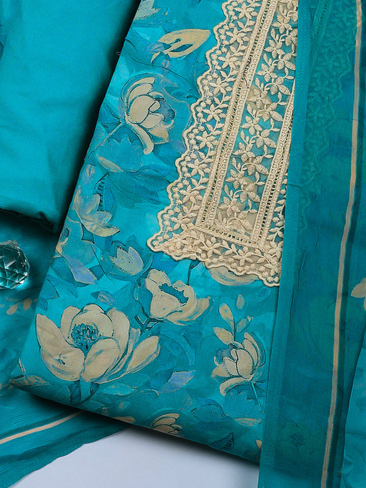 Plain Cotton Blend Unstitched Suit With Pant &amp; Dupatta