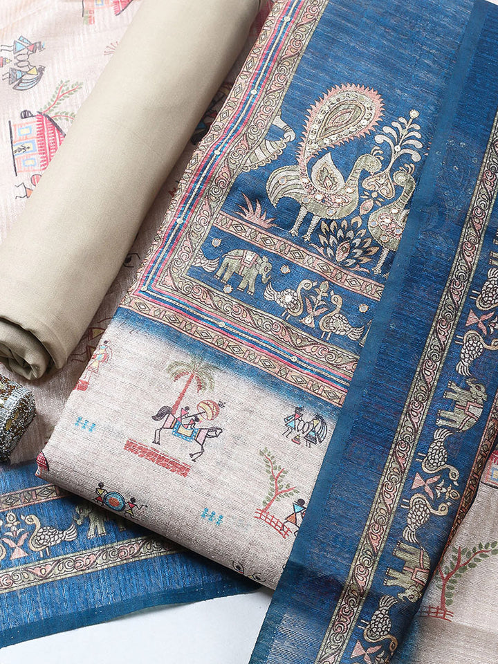 Embroidered Chanderi Unstitched Suit With Pant &amp; Dupatta