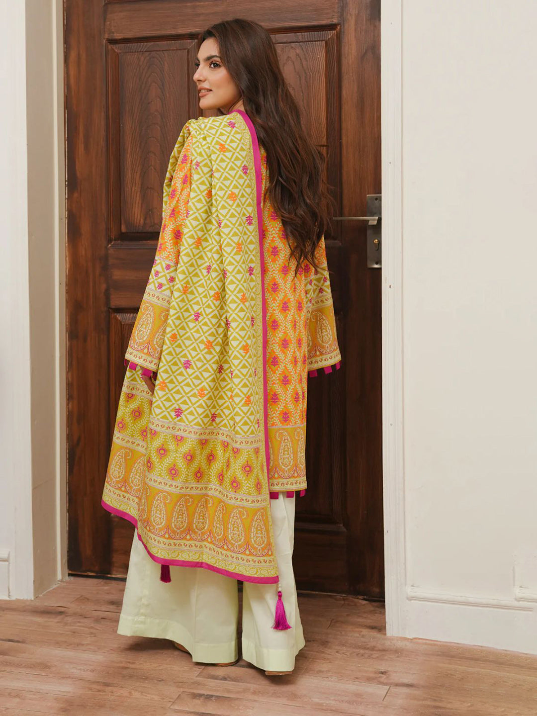 Embroidered Cotton Kaftaan With Plazzo &amp; Dupatta