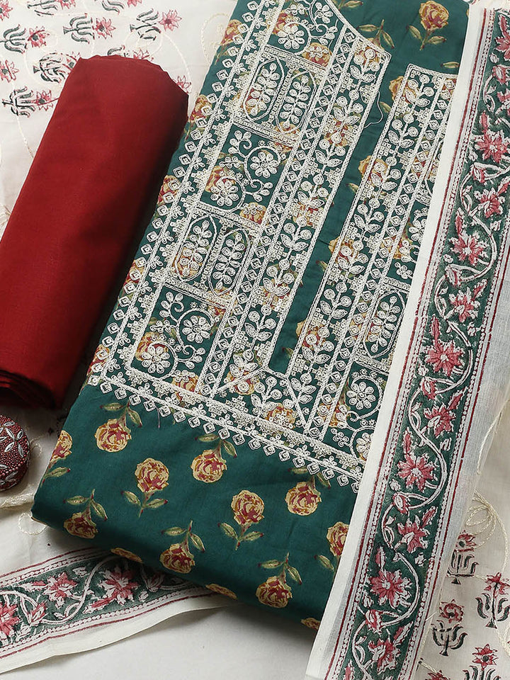 Printed Cotton Blend Unstitched Suit With Pant &amp; Dupatta