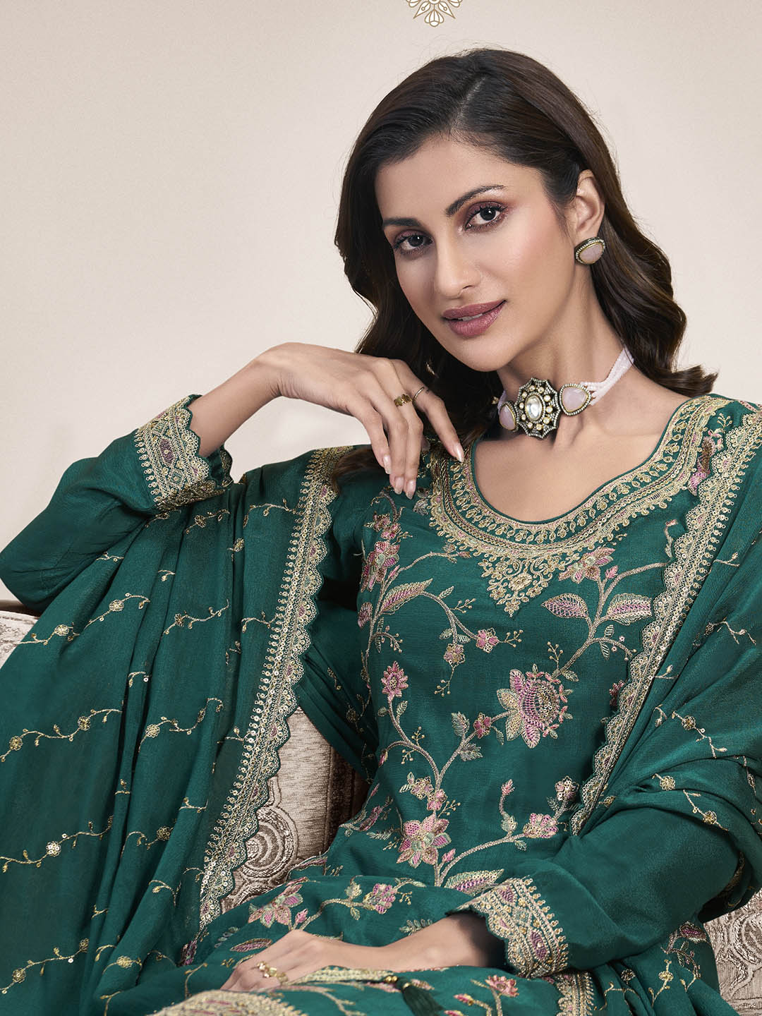Embroidered Chinon Unstitched Suit With Pant &amp; Dupatta