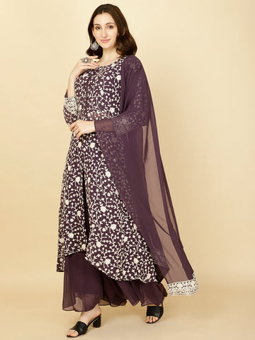 Resham Embroidery Georgette Kurta With Sharara & Dupatta