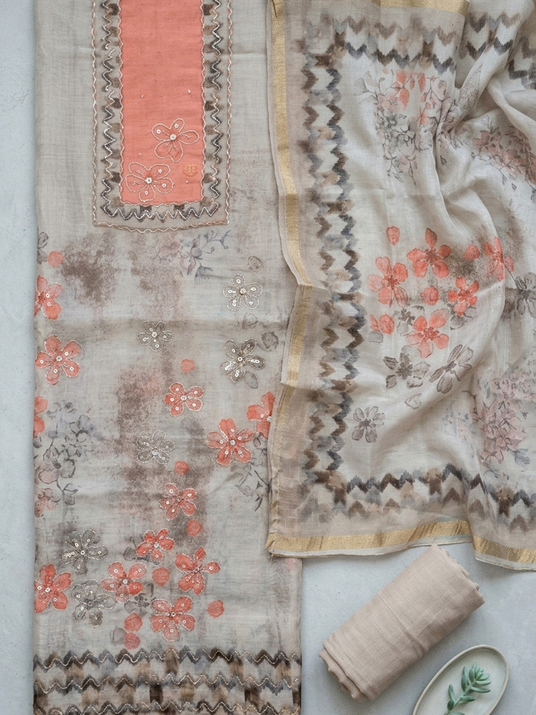 Printed Linen Blend Unstitched Suit With Pant &amp; Dupatta