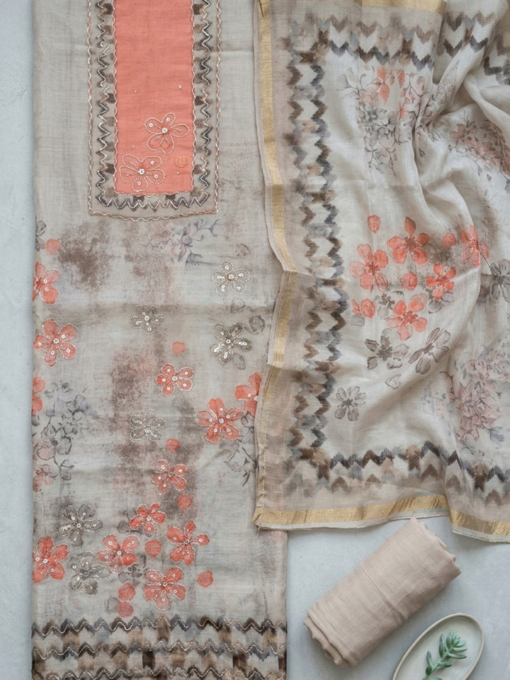 Printed Linen Blend Unstitched Suit With Pant &amp; Dupatta