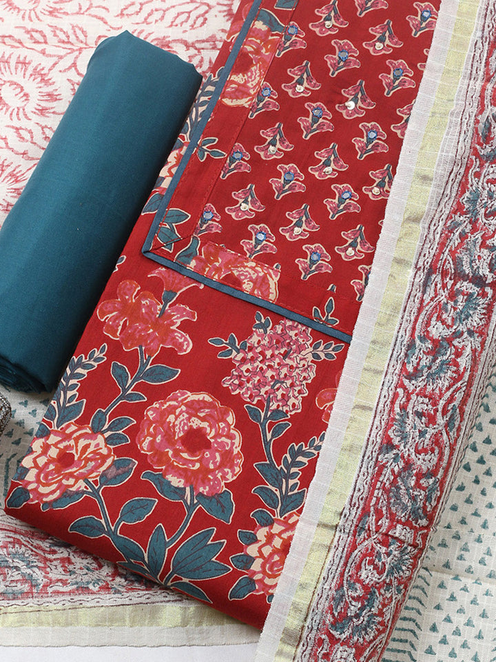 Printed Cotton Blend Unstitched Suit With Pant &amp; Dupatta