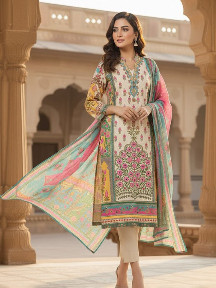 Printed Cotton Kurta With Pant &amp; Dupatta