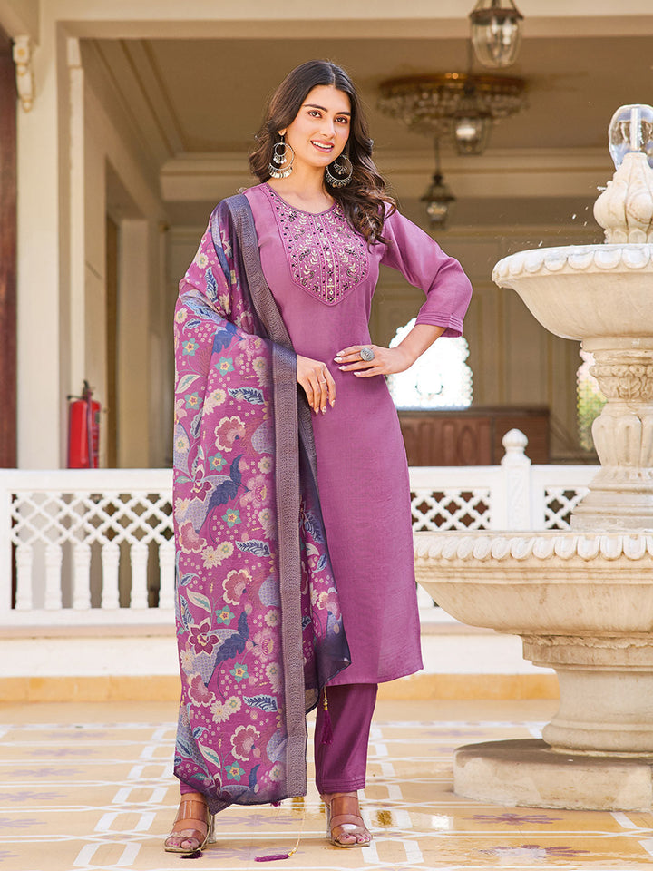 Neck Embroidery Cotton Blend Kurta With Pants &amp; Dupatta