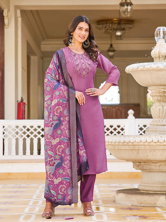 Neck Embroidery Cotton Blend Kurta With Pants & Dupatta