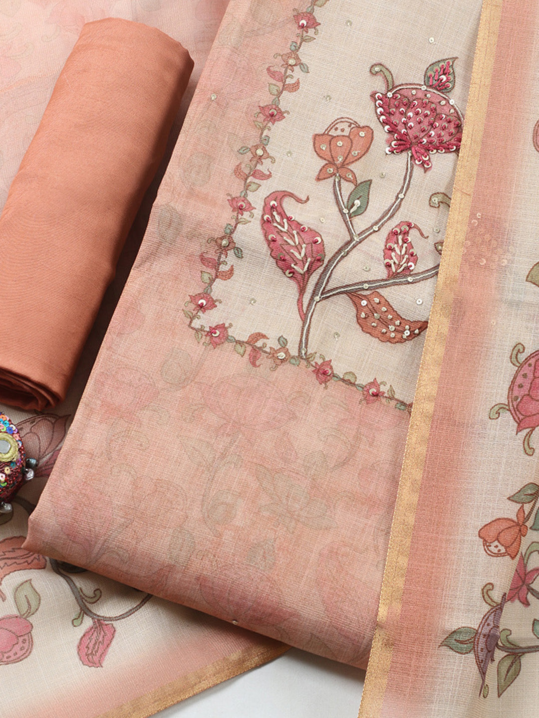 Printed Linen Blend Unstitched Suit With Pant &amp; Dupatta