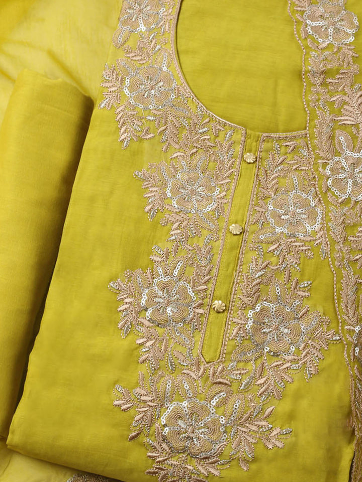 Embroidered Chanderi Unstitched Kurta With Pant &amp; Dupatta