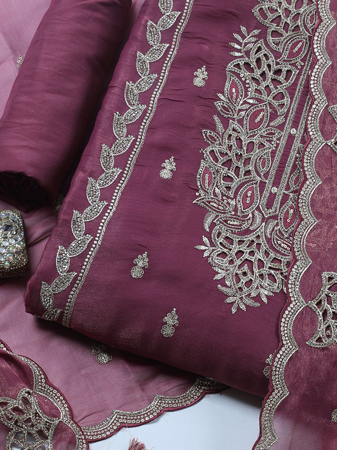 Embroidered Tissue Unstitched Suit With Pant &amp; Dupatta