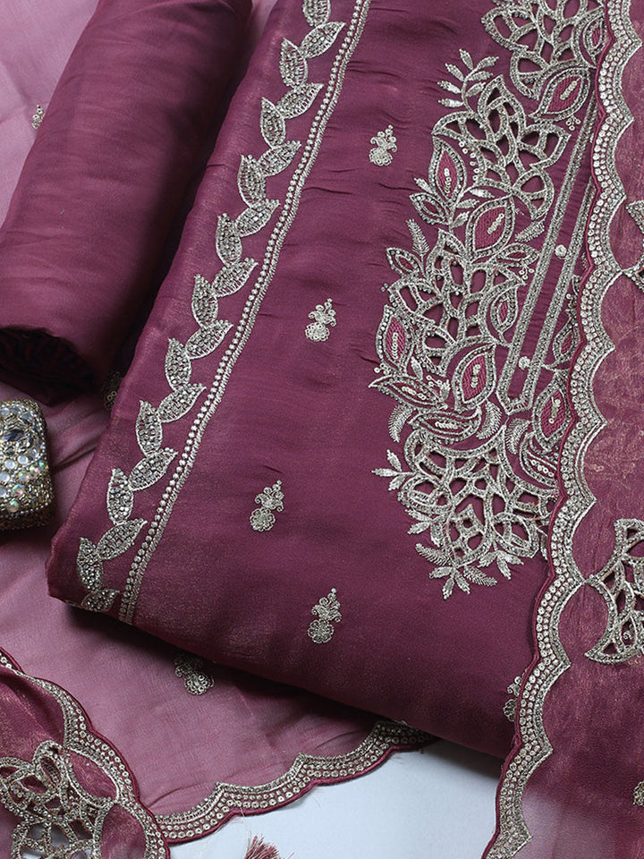 Embroidered Tissue Unstitched Suit With Pant &amp; Dupatta