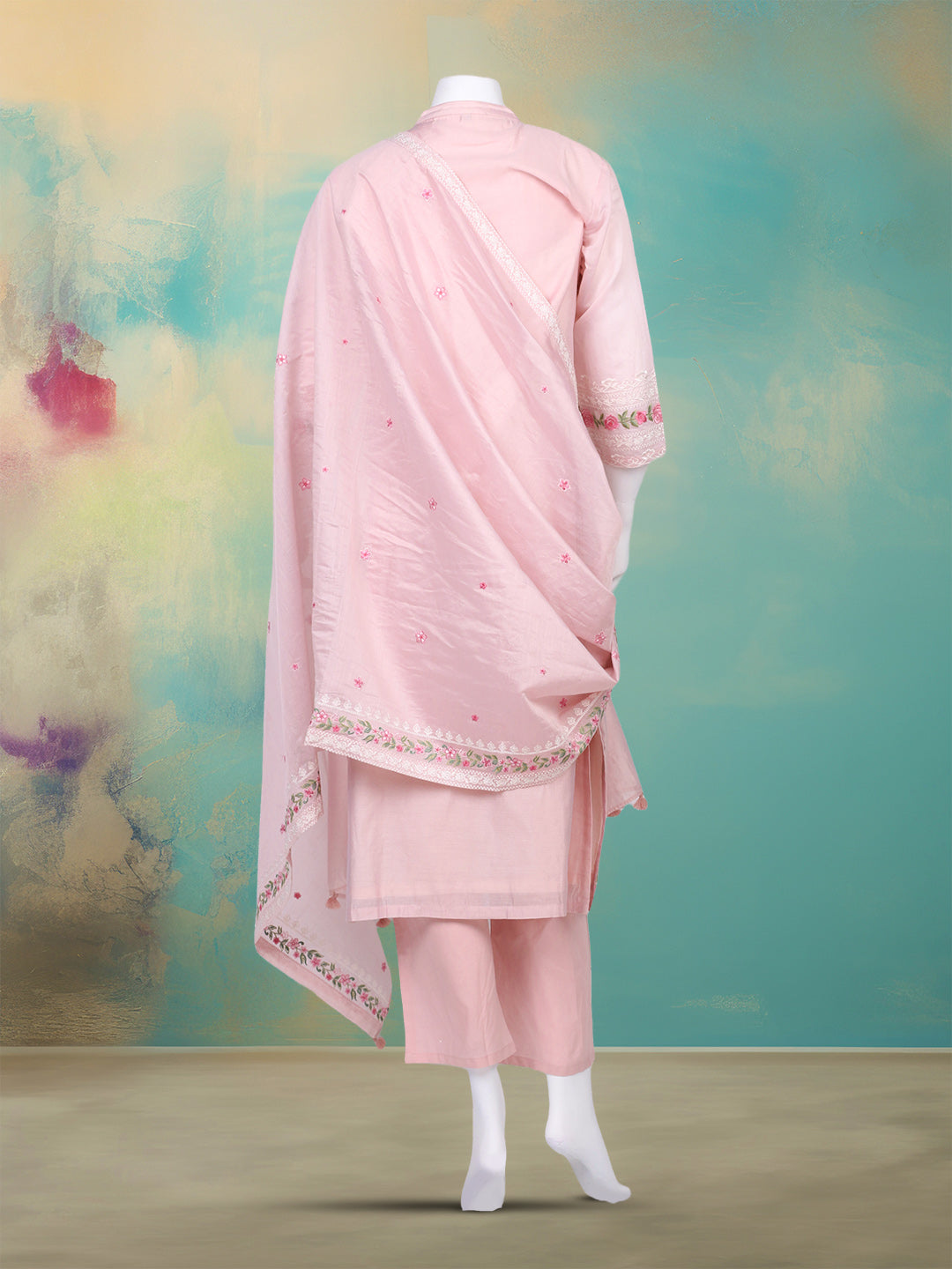 Embroidered Chanderi Kurta With Pant & Dupatta