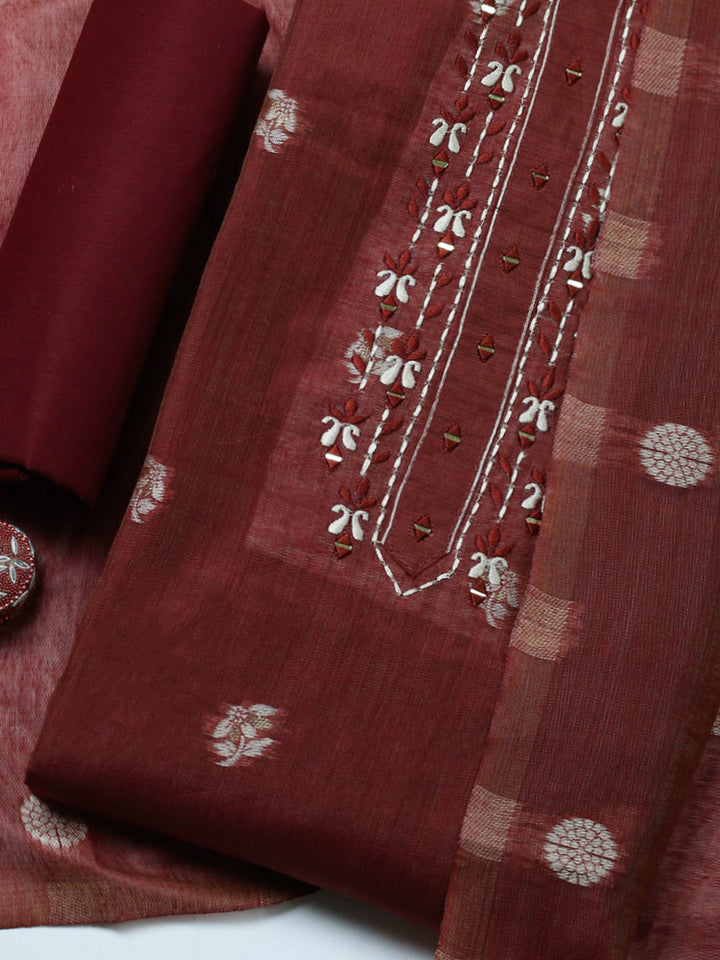 Embroidered Cotton Blend Unstitched Suit With Pant &amp; Dupatta