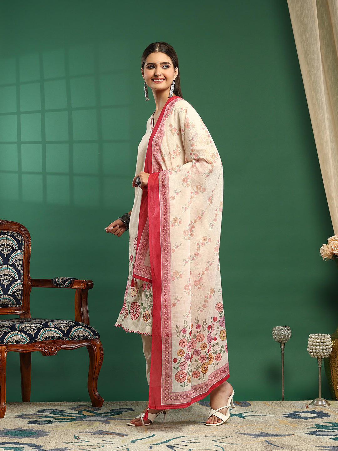 Embroidered Cotton Blend Kurta With Pant &amp; Dupatta