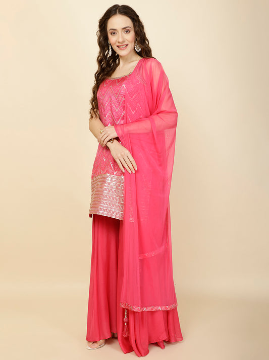 Bandhani Print Art Silk Handloom Suit Set With Dupatta & Sharara