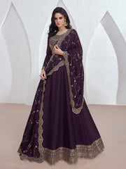 Embroidered Silk A Line Gown With Dupatta