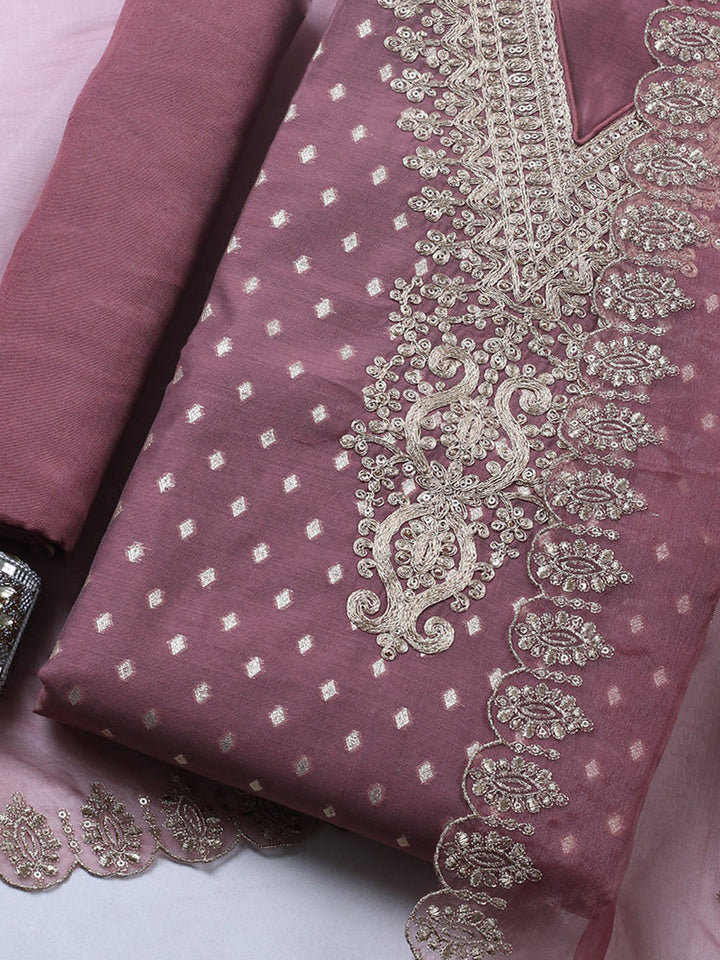 Embroidered Chanderi Unstitched Suit With Pant &amp; Dupatta