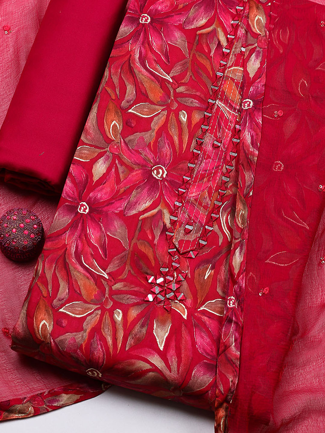 Embroidered Cotton Blend Unstitched Suit With Pant &amp; Dupatta