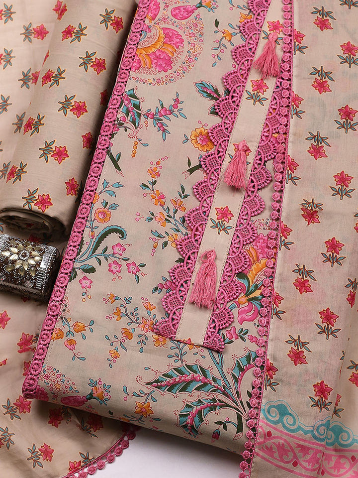 Embroidered Cotton Blend Unstitched Suit With Pant &amp; Dupatta
