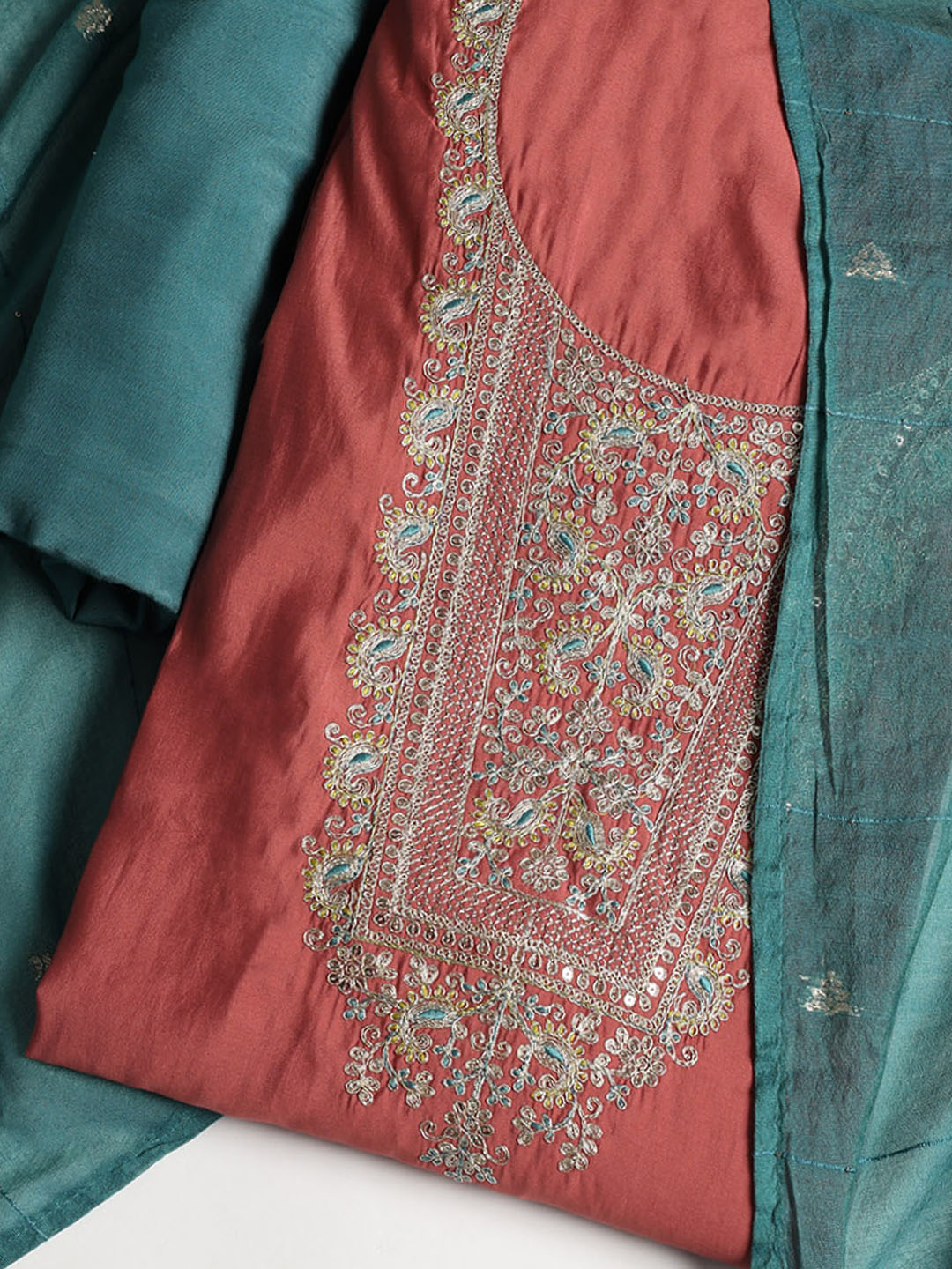 Neck Embroidered Cotton Blend Unstitched Suit With Dupatta