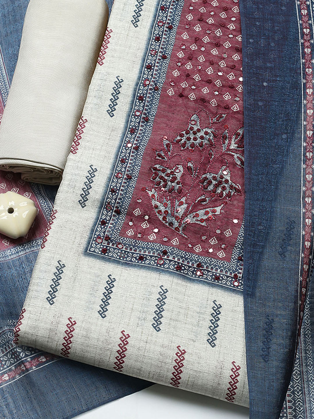 Printed Cotton Blend Unstitched Suit With Pant &amp; Dupatta
