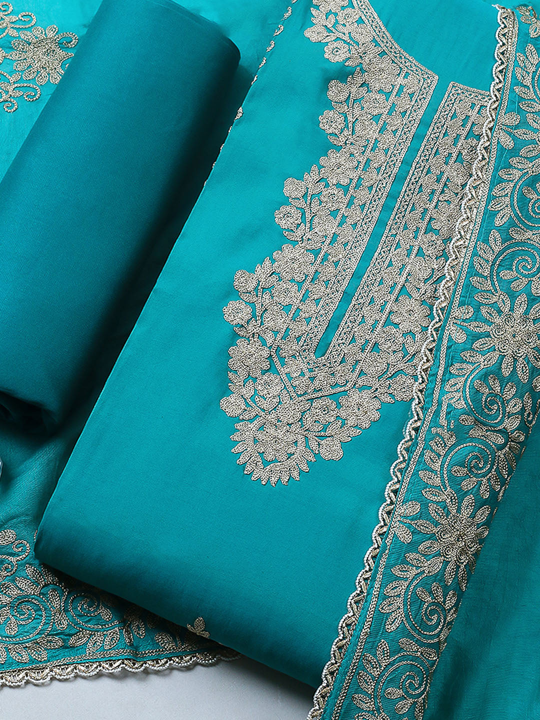 Embroidered Chanderi Unstitched Suit With Pant &amp; Dupatta