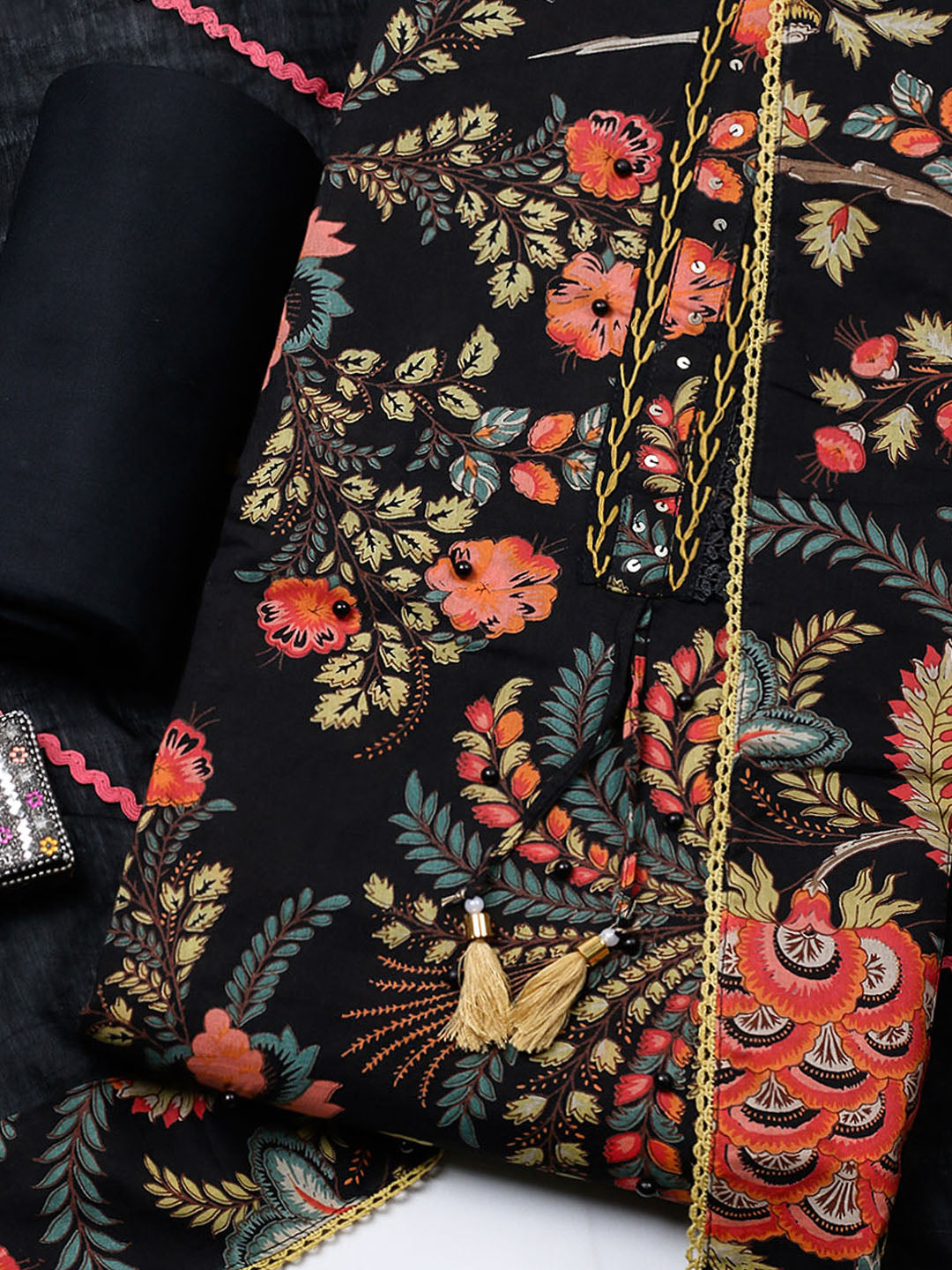 Embroidered Cotton Blend Unstitched Suit With Pant &amp; Dupatta