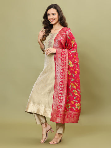 Woven Tissue Kurta With Pants & Dupatta