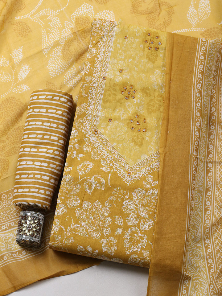 Printed Cotton Blend Unstitched Suit With Pant &amp; Dupatta