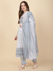 Floral Printed Cotton Kurta With Pants & Dupatta