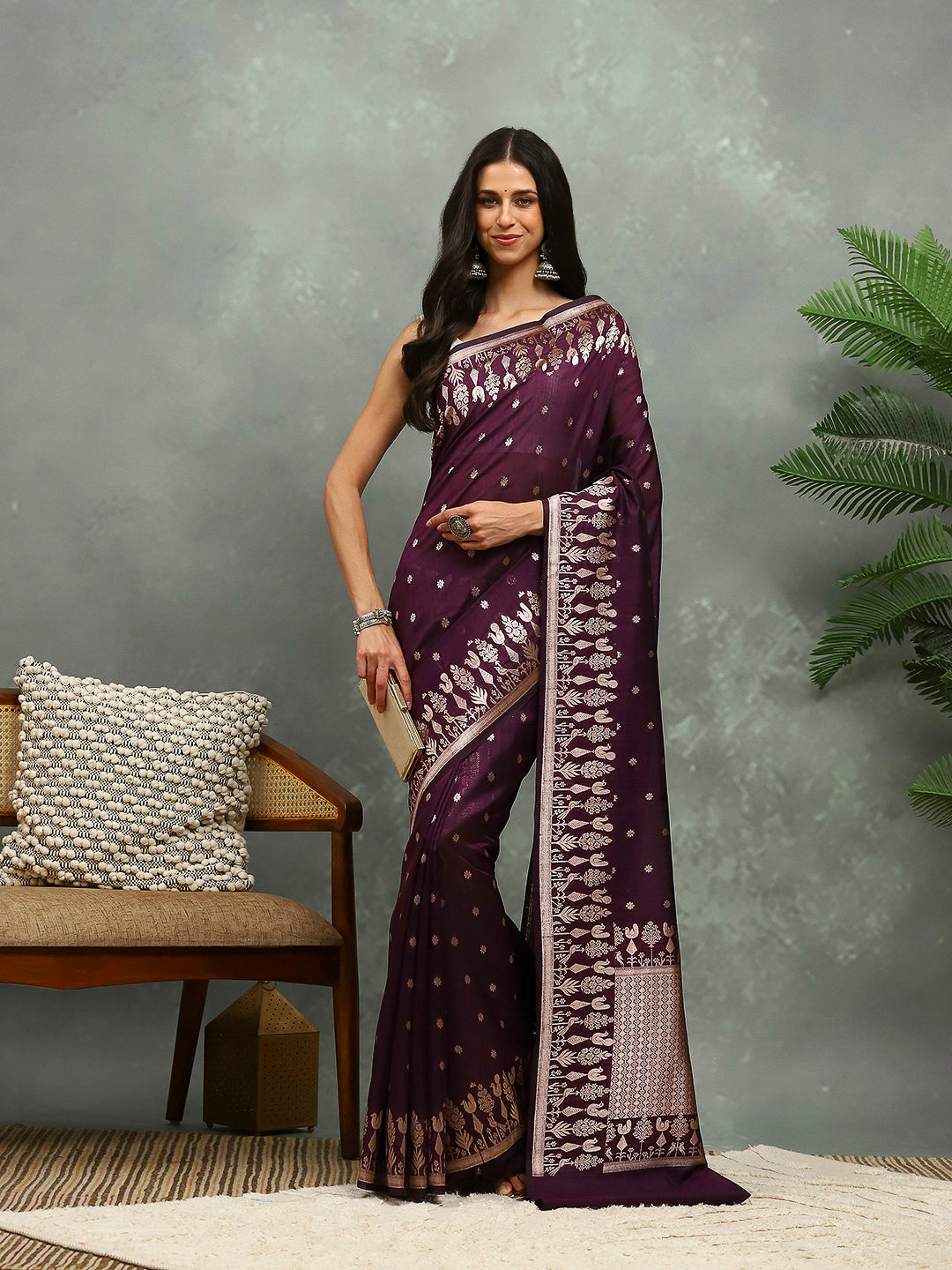 Zari Border Booti Cotton Blend Woven Saree