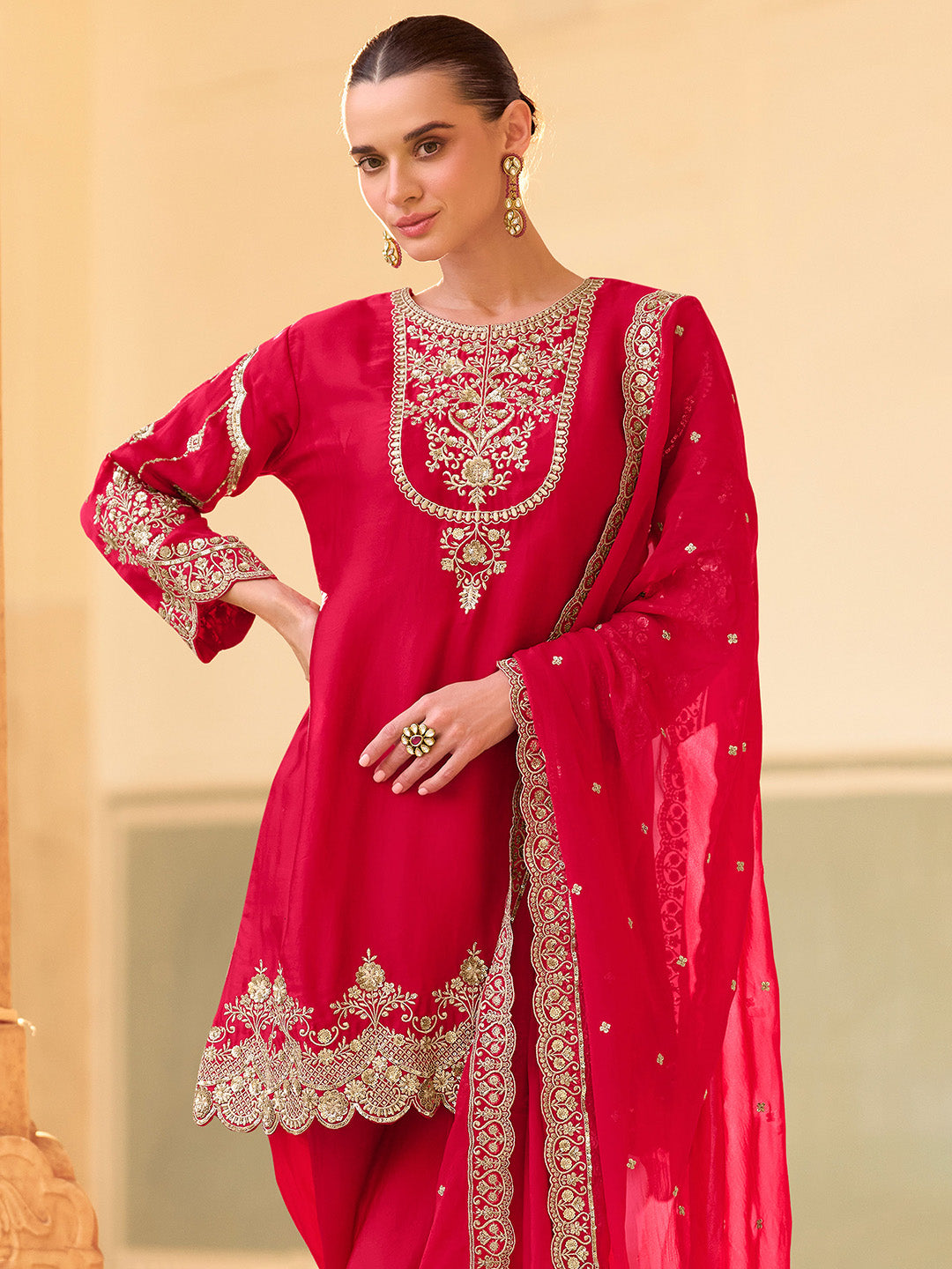 Embroidered Crepe Silk Kurti With Patiala Salwar &amp; Dupatta