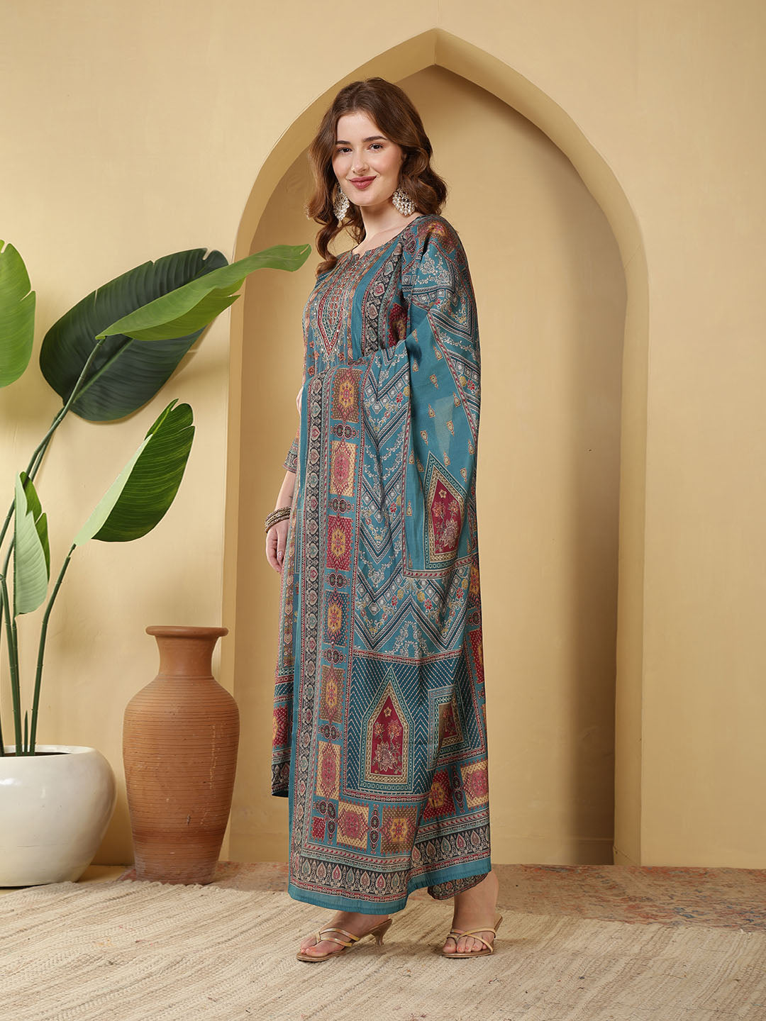Neck Embroidered Muslin Kurta With Pants &amp; Dupatta