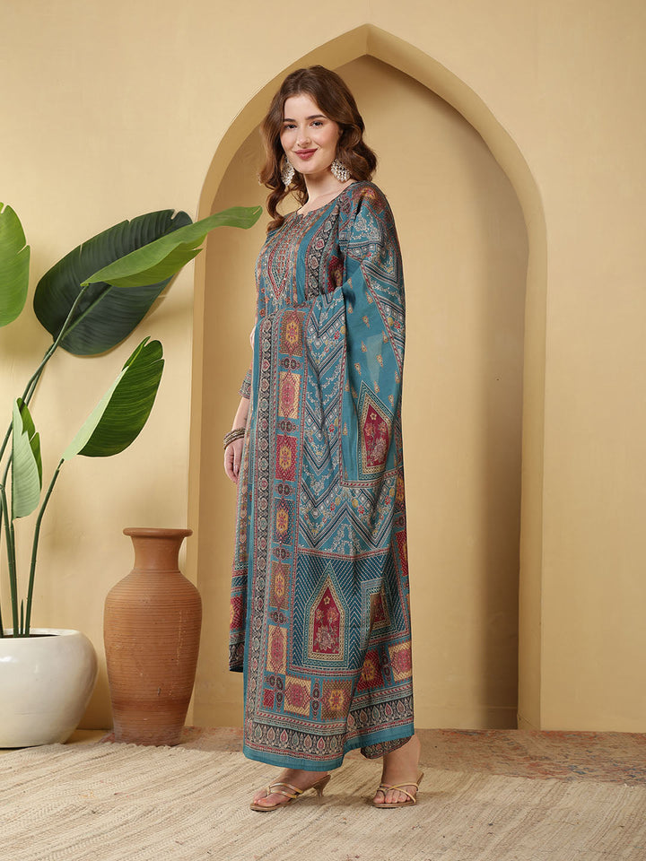 Neck Embroidered Muslin Kurta With Pants &amp; Dupatta