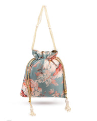 Floral Printed Grey Potli Bag