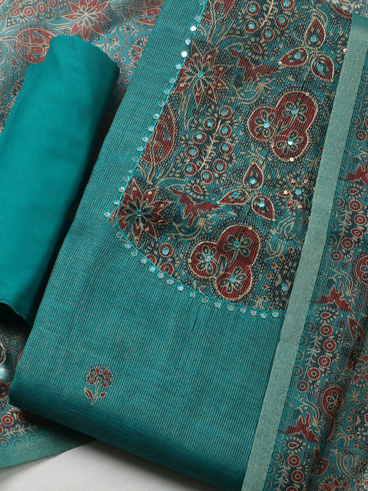 Embroidered Chanderi Unstitched Suit With Pant &amp; Dupatta