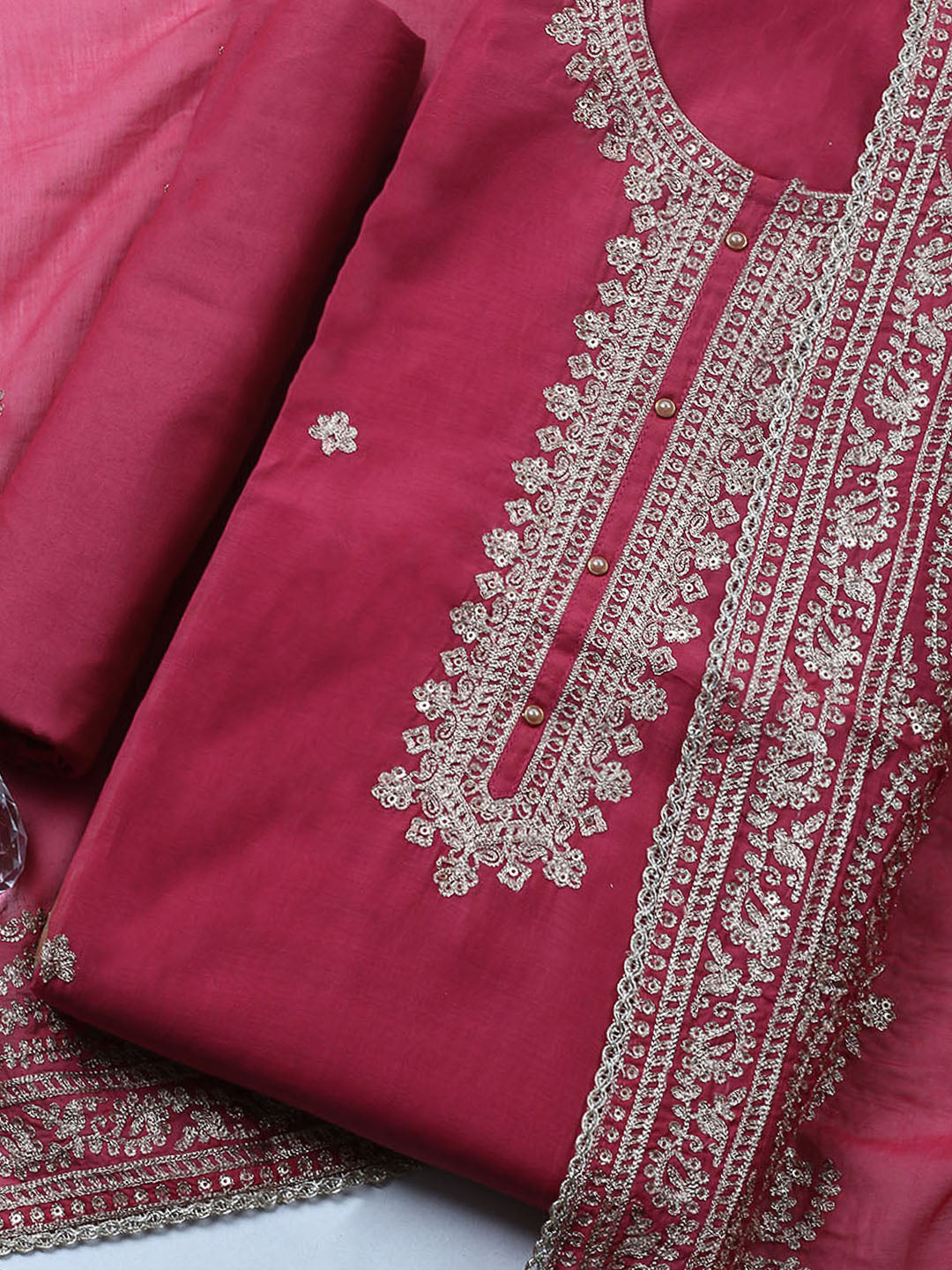 Embroidered Chanderi Unstitched Suit With Pant &amp; Dupatta