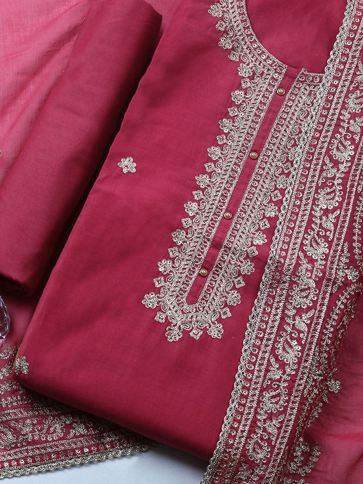 Embroidered Chanderi Unstitched Suit With Pant &amp; Dupatta