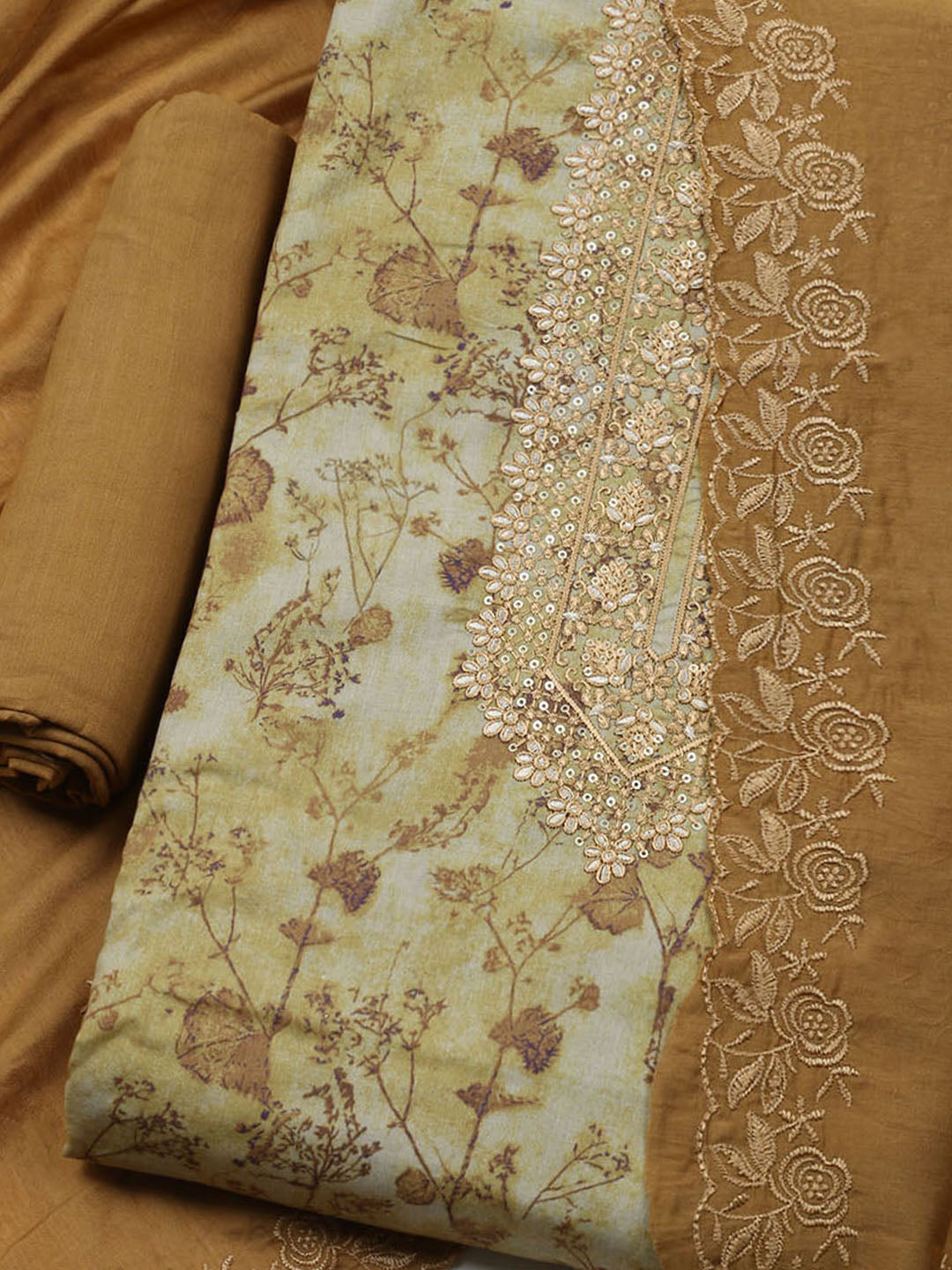 Embroidered Cotton Blend Unstitched Kurta With Pant & Dupatta