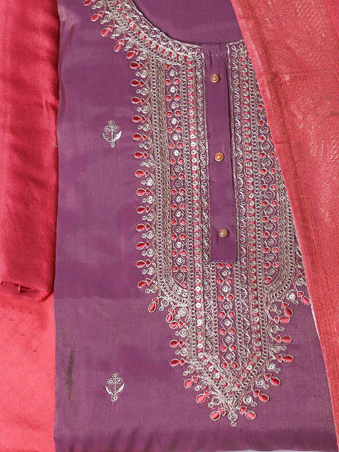 Embroidered Chanderi Unstitched Suit With Pant &amp; Dupatta