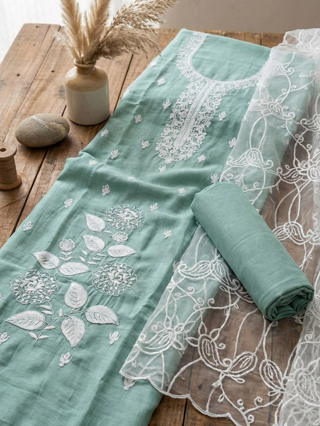Printed Cotton Blend Unstitched Suit With Pant &amp; Dupatta