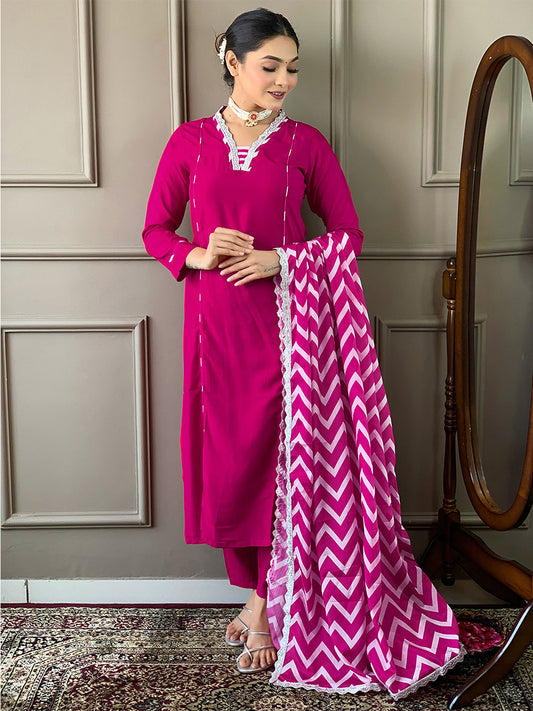 Resham Embroidered Cotton Blend Kurta With Pant & Dupatta