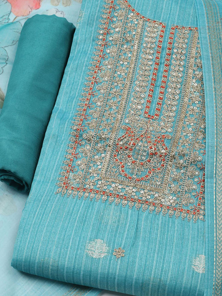 Embroidered Chanderi Unstitched Kurta With Pant &amp; Dupatta